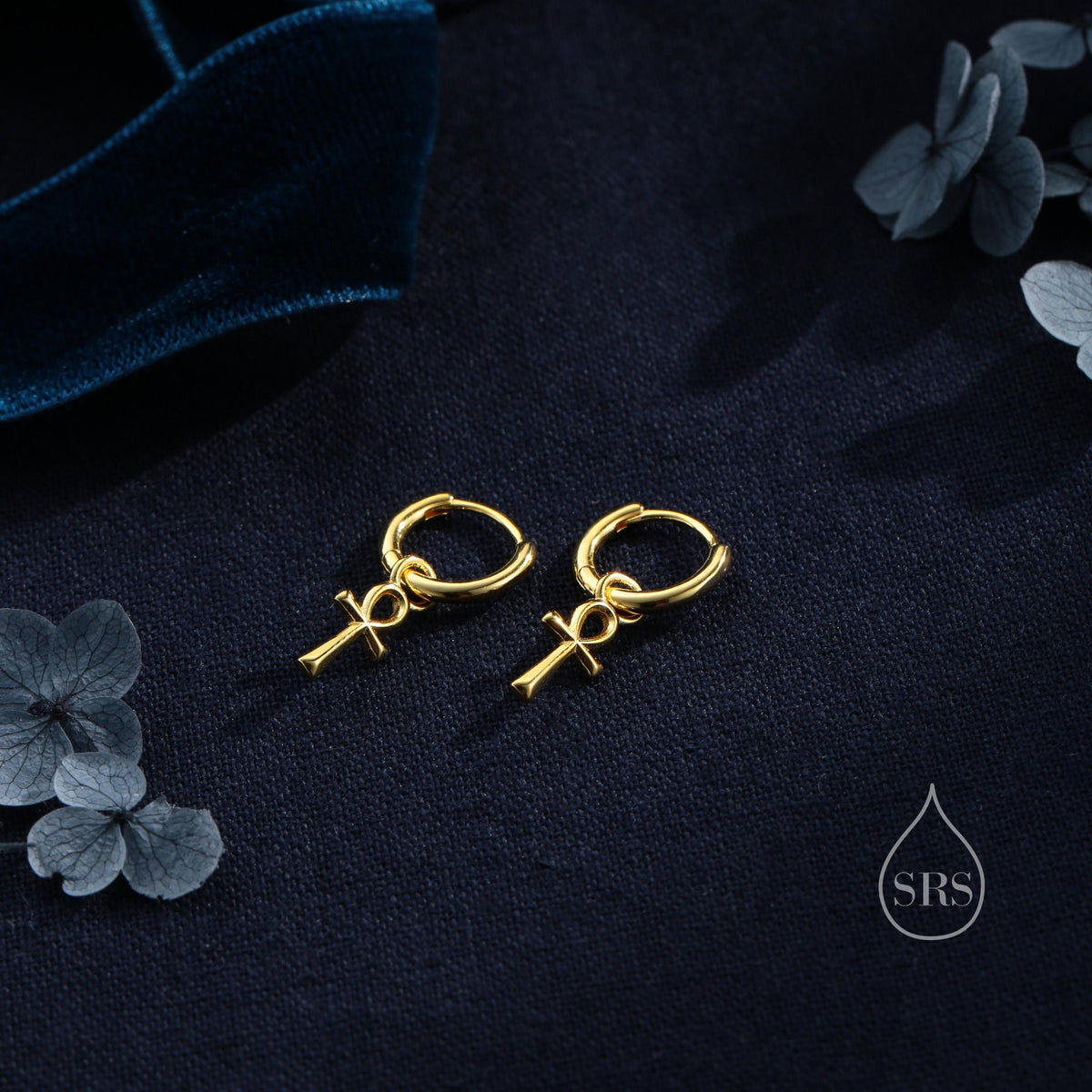 Ankh Huggie Hoop Earrings in Sterling Silver, Silver, Gold or Rose Gold, Egyptian Hieroglyphics Earrings, Ankh Earrings, Detachable Charms