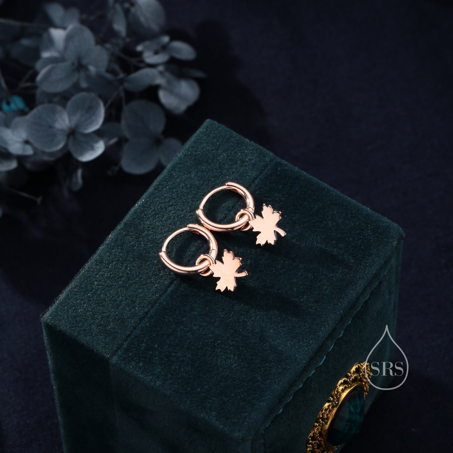 Delicate Maple Leaf Charm Huggie Hoop Earrings in Sterling Silver, Silver, Gold or Rose Gold, Maple Leaf Charm Huggies Hoops, Detachable