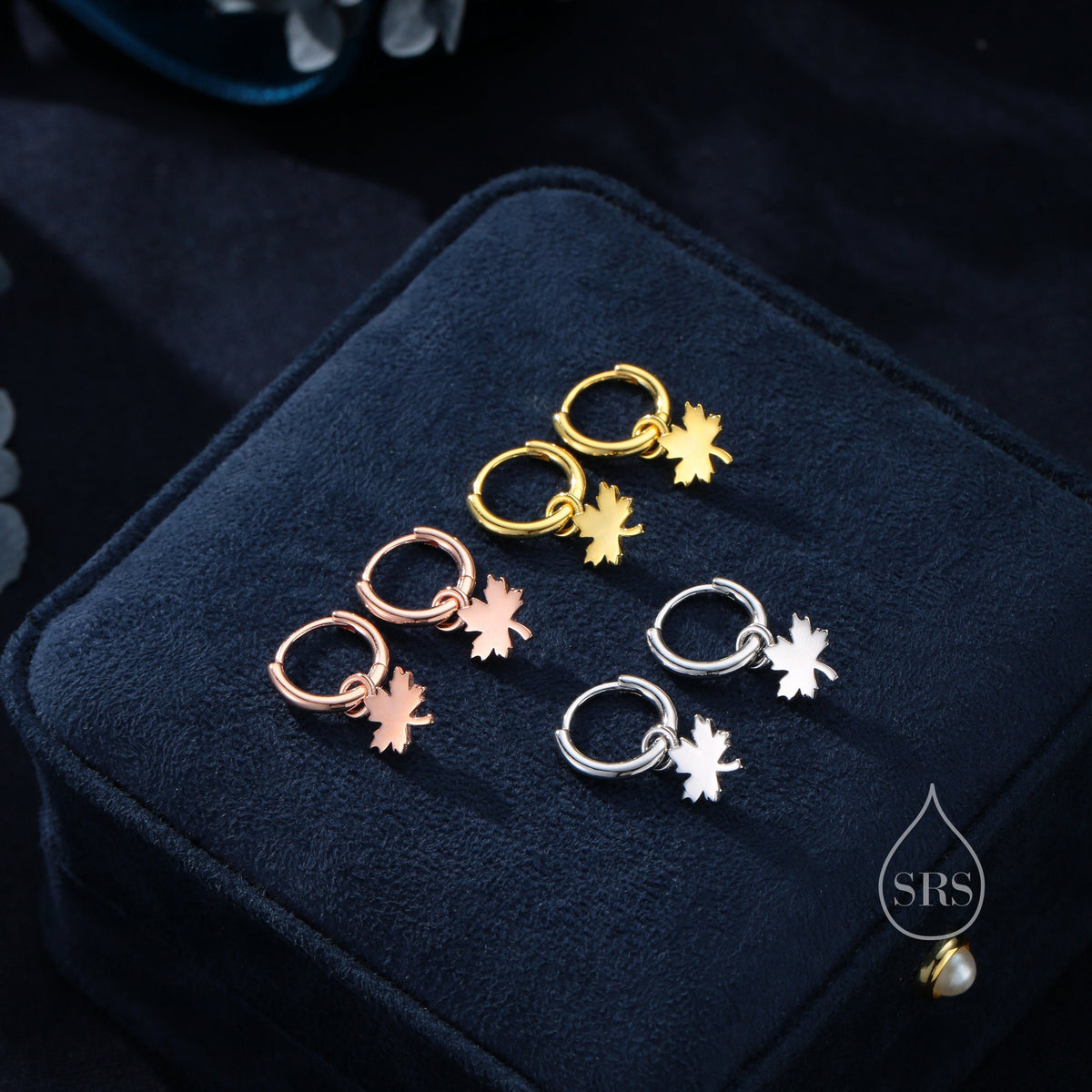Delicate Maple Leaf Charm Huggie Hoop Earrings in Sterling Silver, Silver, Gold or Rose Gold, Maple Leaf Charm Huggies Hoops, Detachable