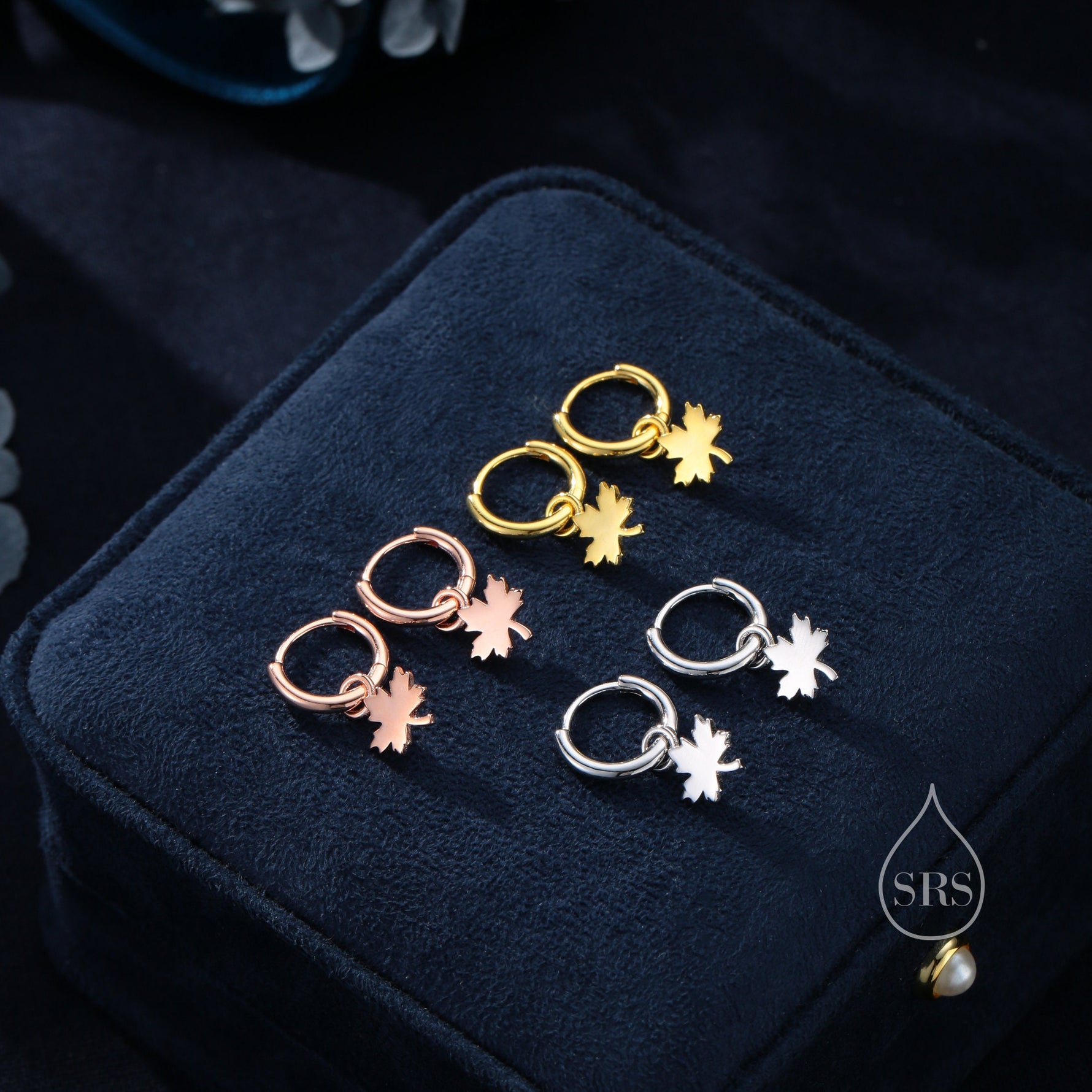 Delicate Maple Leaf Charm Huggie Hoop Earrings in Sterling Silver, Silver, Gold or Rose Gold, Maple Leaf Charm Huggies Hoops, Detachable