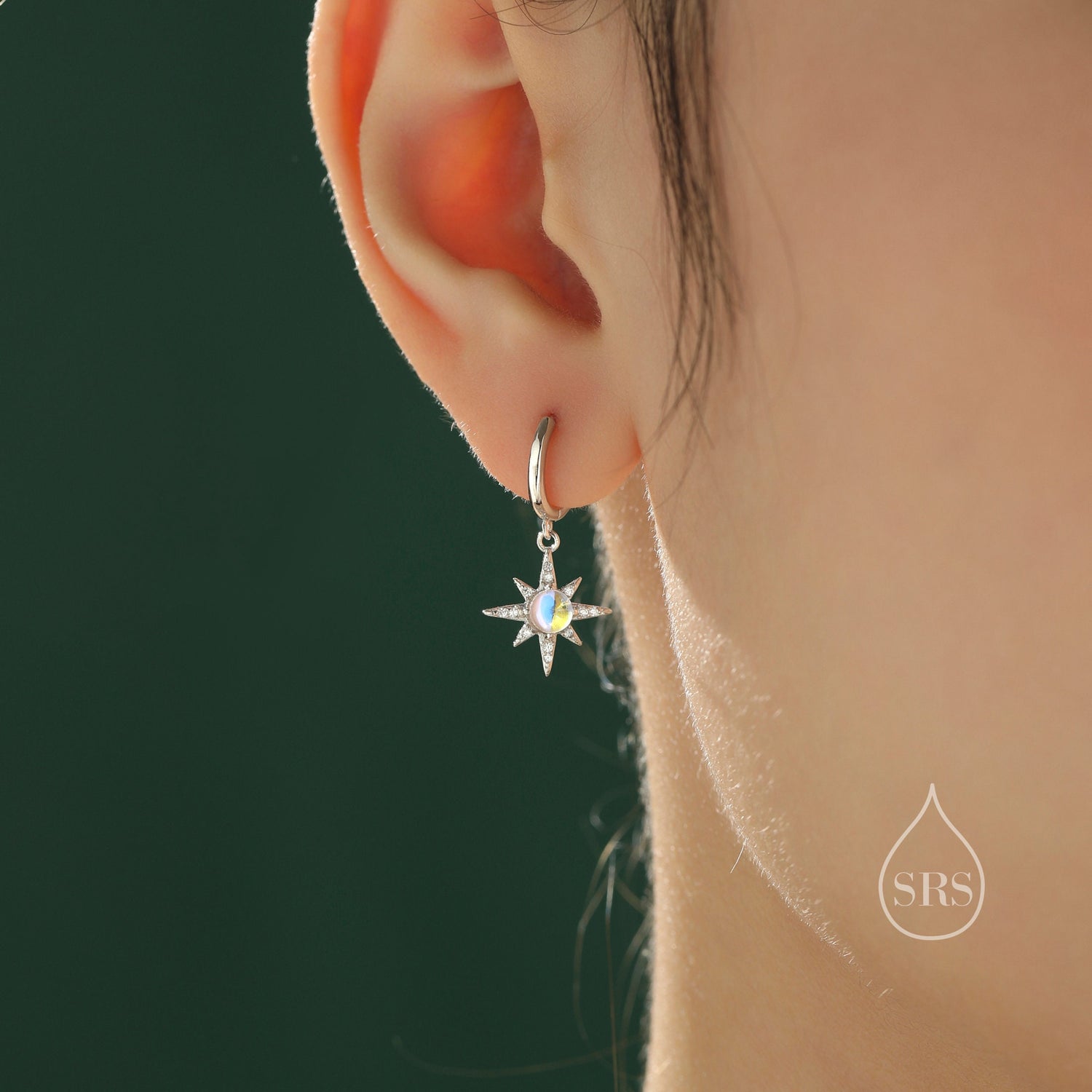 Moonstone Starburst Huggie Hoop Earrings in Sterling Silver, Lab Moonstone North Star Drop Earrings, Delicate Moonstone Star Earrings