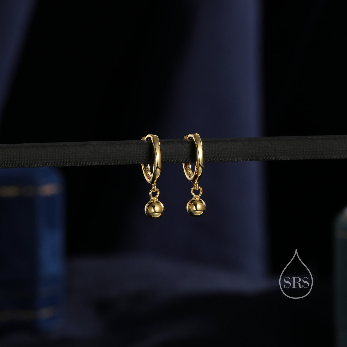 Tiny Dangle Ball Hoop Earrings in Sterling Silver, 8mm Dangle Hoop Earrings, Silver, Gold or Rose Gold， Silver Ball Huggie Hoops