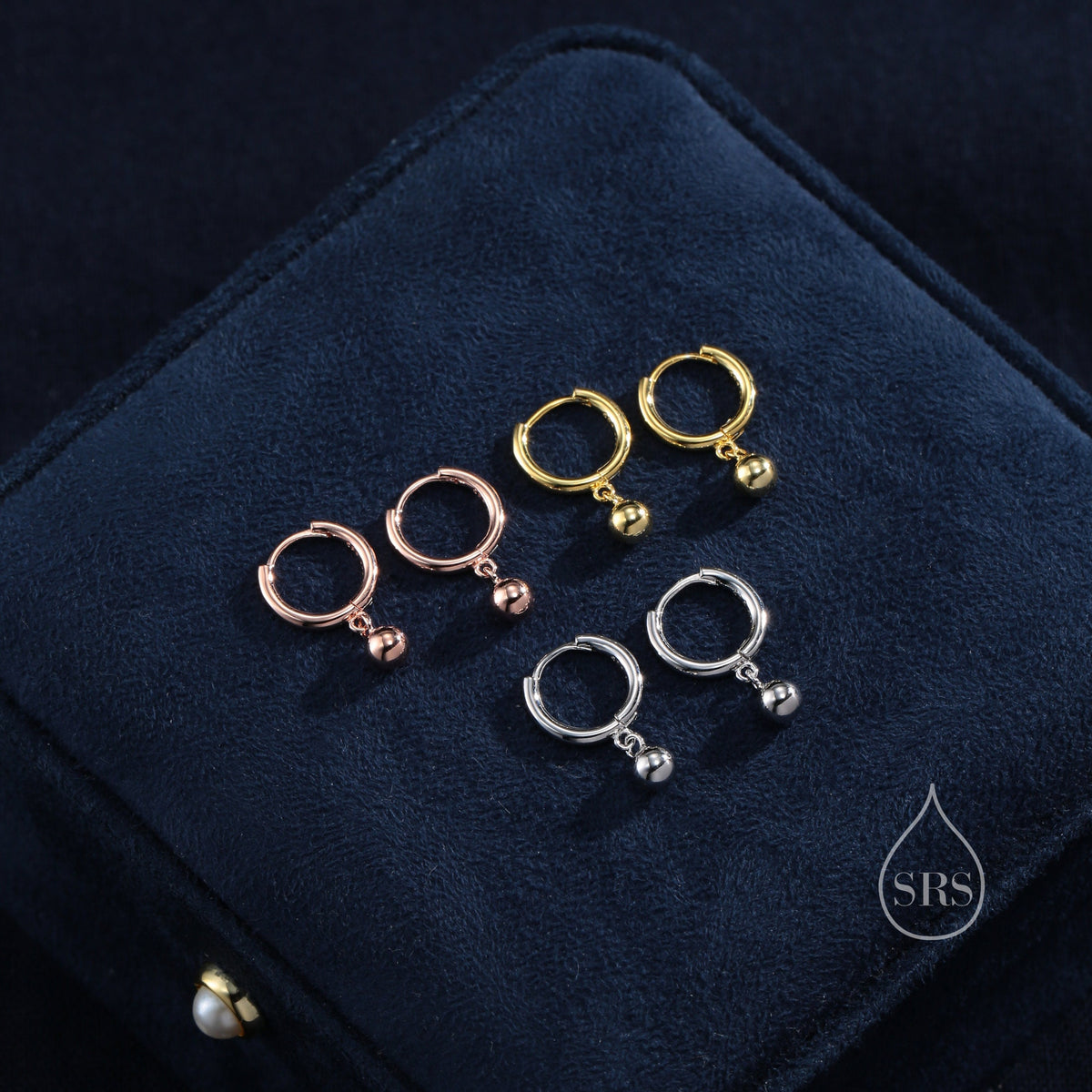 Tiny Dangle Ball Hoop Earrings in Sterling Silver, 8mm Dangle Hoop Earrings, Silver, Gold or Rose Gold， Silver Ball Huggie Hoops