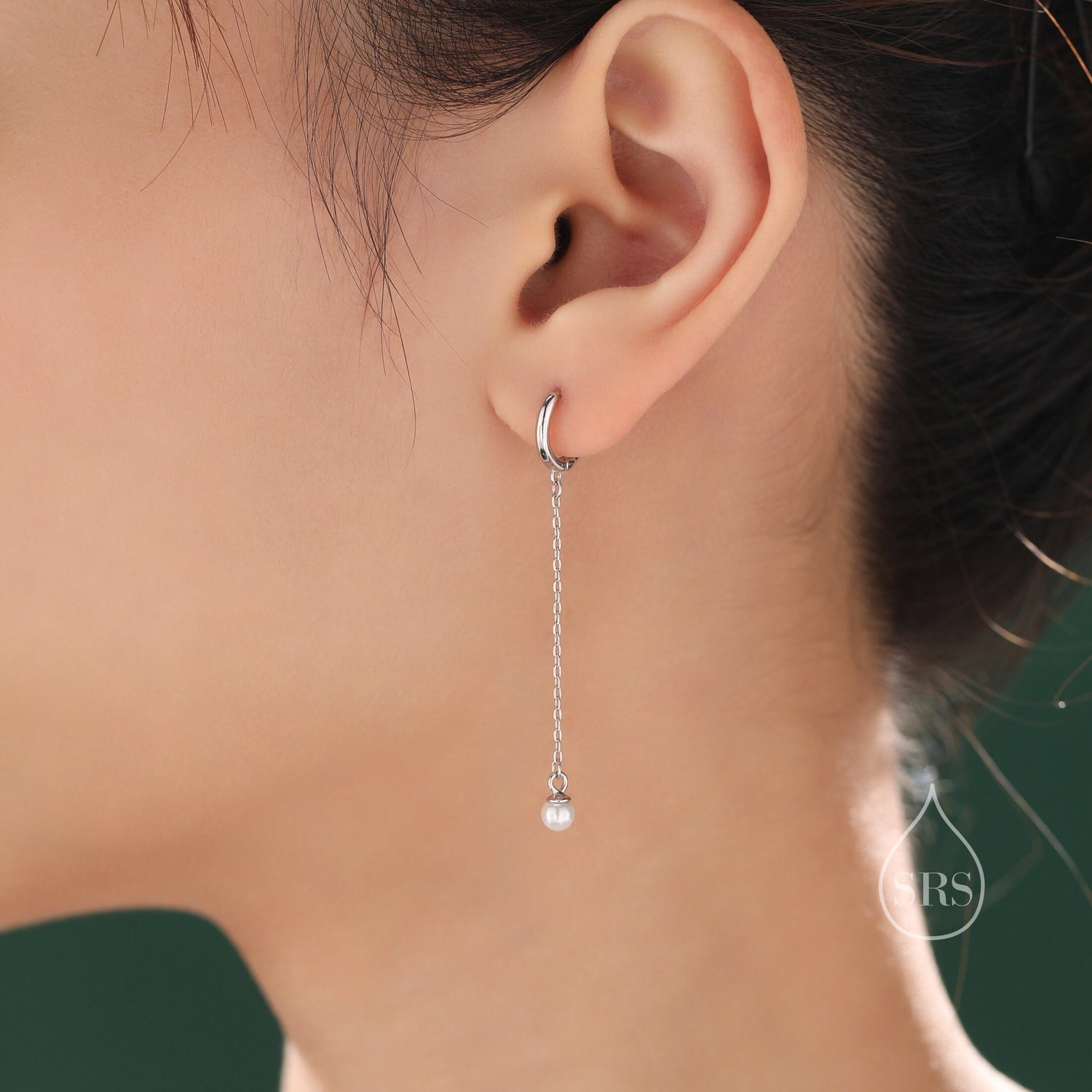 Asymmetric Pearl Huggie Hoops Earrings in Sterling Silver with CZ Crystals, Lab Created Mother of Pearls Beads, Silver or Gold