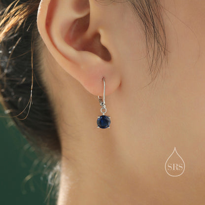 Sapphire Blue CZ Lever Back Hoop in Sterling Silver, 2 Sizes Available, 6mm or 6.5mm, Minimalist Simple Crystal Leverback Hoop Earrings