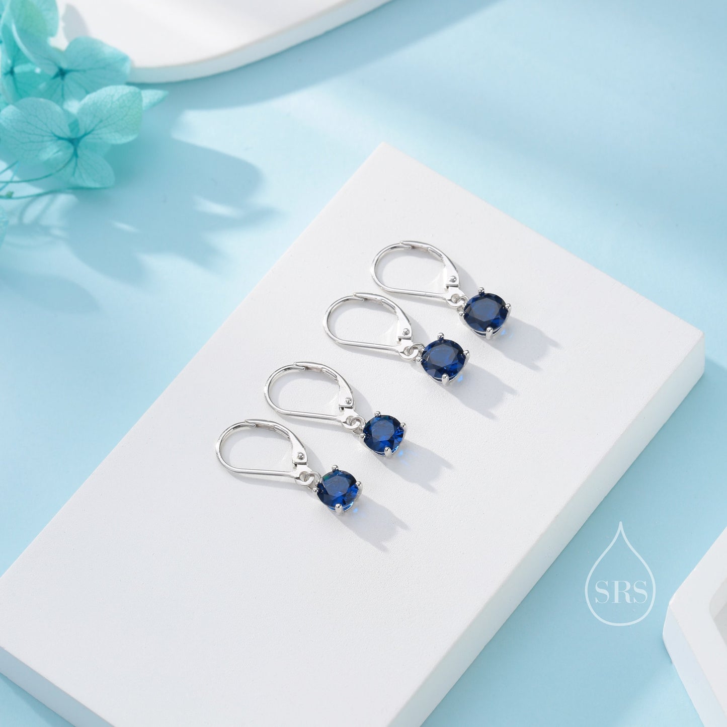 Sapphire Blue CZ Lever Back Hoop in Sterling Silver, 2 Sizes Available, 6mm or 6.5mm, Minimalist Simple Crystal Leverback Hoop Earrings