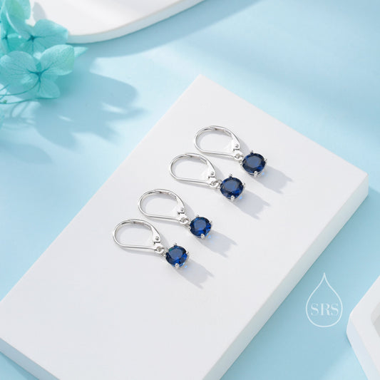 Sapphire Blue CZ Lever Back Hoop in Sterling Silver, 2 Sizes Available, 6mm or 6.5mm, Minimalist Simple Crystal Leverback Hoop Earrings