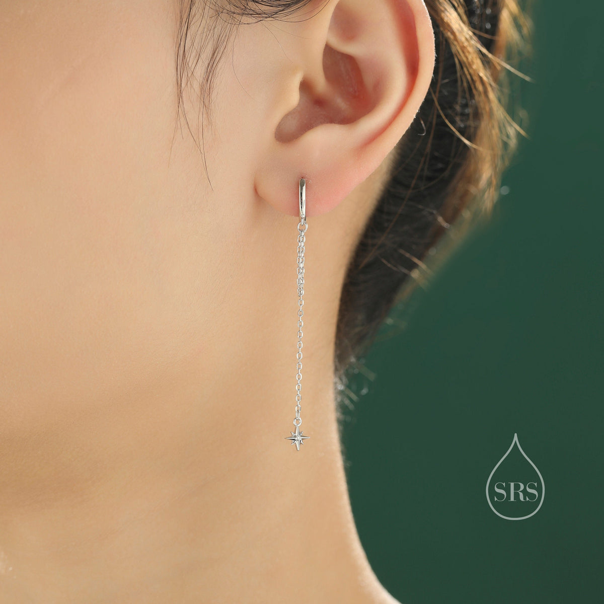Tiny CZ Starburst Dangle Chain Huggie Hoop Earrings in Sterling Silver, Silver, Gold or Rose Gold, North Star Earrings, Sunburst Earrings
