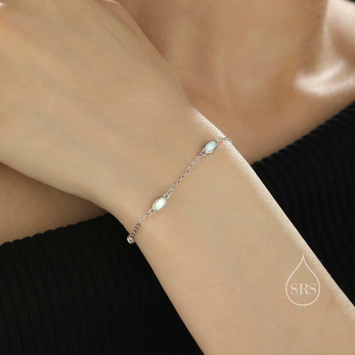 Delicate White Opal Oval Satellite Bracelet in Sterling Silver, Silver or Gold, Simulated Fire Opal Bracelet, Oval Opal Motif Bracelet