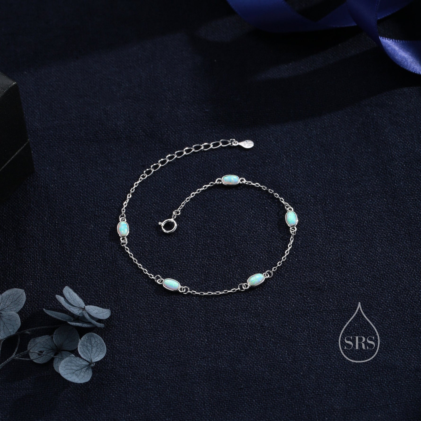 Delicate White Opal Oval Satellite Bracelet in Sterling Silver, Silver or Gold, Simulated Fire Opal Bracelet, Oval Opal Motif Bracelet