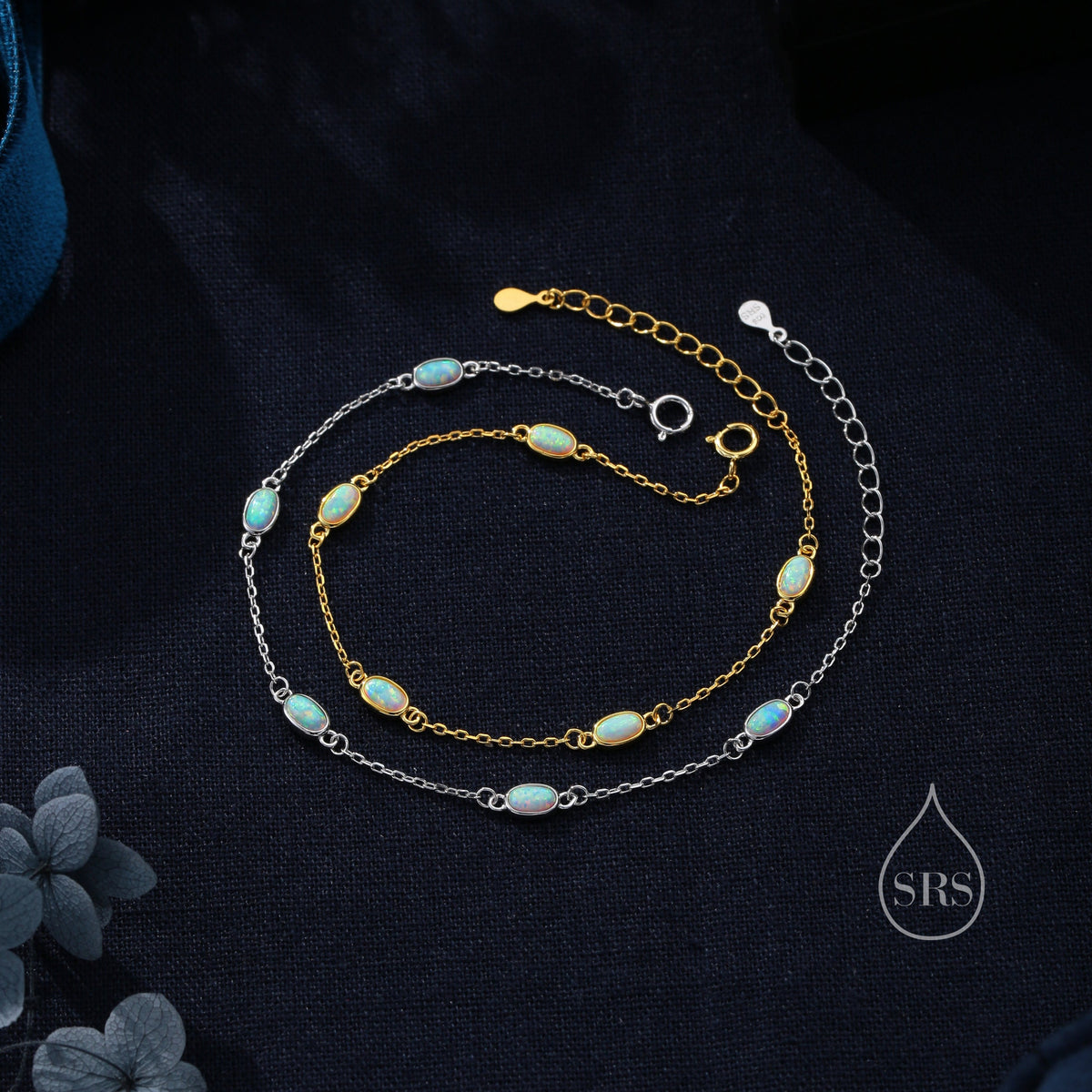 Delicate White Opal Oval Satellite Bracelet in Sterling Silver, Silver or Gold, Simulated Fire Opal Bracelet, Oval Opal Motif Bracelet