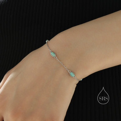 Aqua Green Oval Satellite Bracelet in Sterling Silver, Silver or Gold, Simulated Green Opal Bracelet, Oval Opal Motif Bracelet