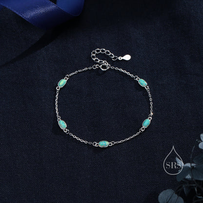 Aqua Green Oval Satellite Bracelet in Sterling Silver, Silver or Gold, Simulated Green Opal Bracelet, Oval Opal Motif Bracelet