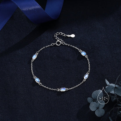 Oval Moonstone Satellite Bracelet in Sterling Silver, Silver or Gold, Simulated Moonstone Bracelet, Oval Moonstone Motif Bracelet