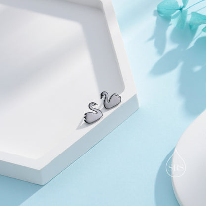 Black Swan Stud Earrings in Sterling Silver - Black Rhodium Coated Sterling Silver, Animal Stud Earrings - Bird Earrings