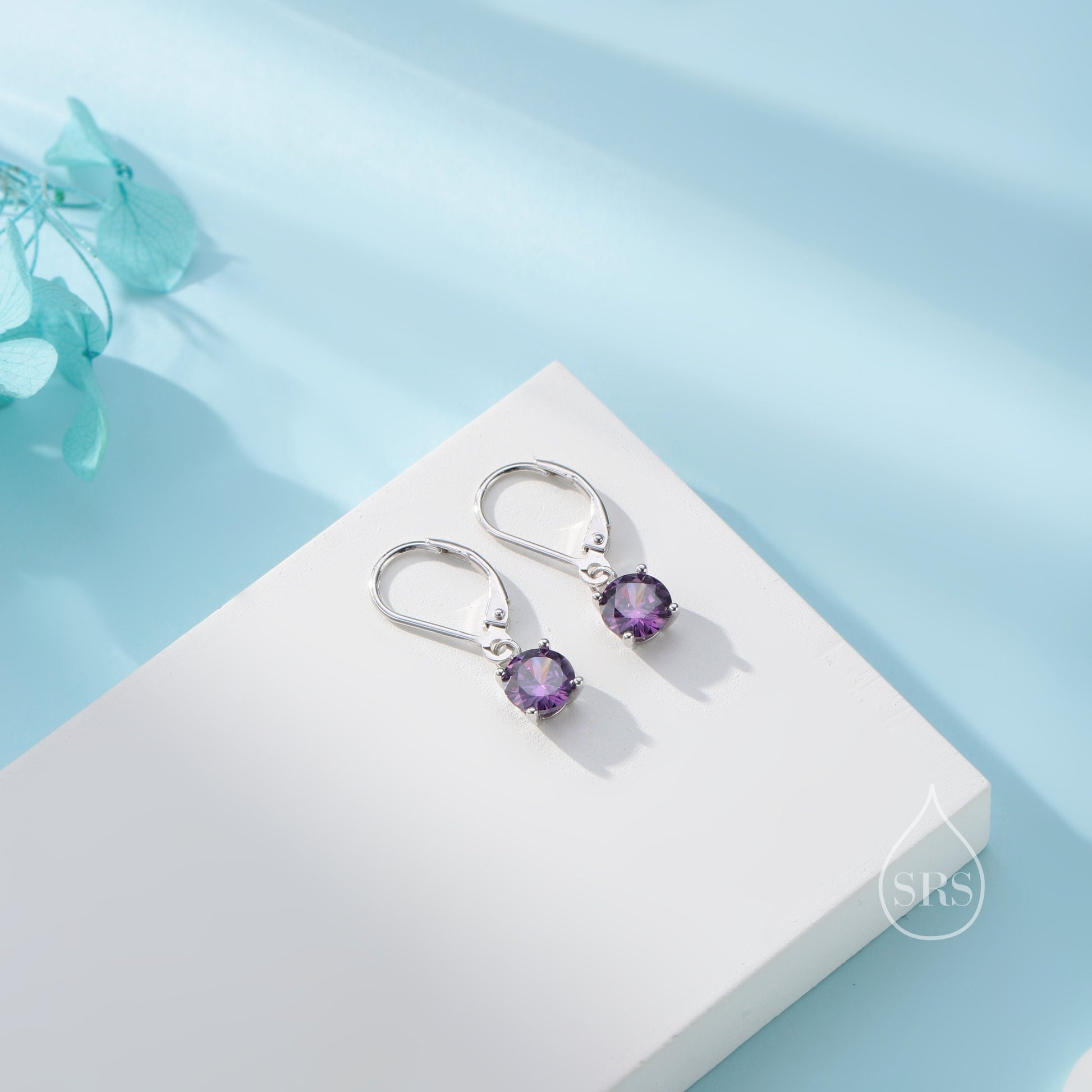Amethyst Purple CZ Lever Back Hoop in Sterling Silver, 2 Sizes Available, 6mm or 6.5mm, Minimalist Simple Crystal Leverback Hoop Earrings