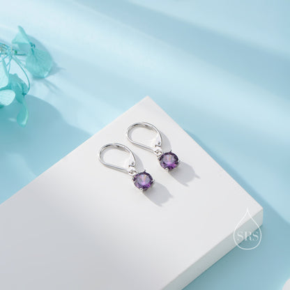 Amethyst Purple CZ Lever Back Hoop in Sterling Silver, 2 Sizes Available, 6mm or 6.5mm, Minimalist Simple Crystal Leverback Hoop Earrings