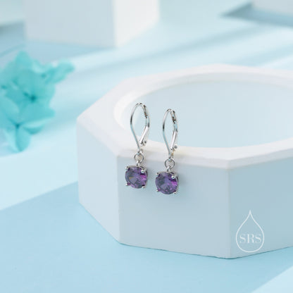 Amethyst Purple CZ Lever Back Hoop in Sterling Silver, 2 Sizes Available, 6mm or 6.5mm, Minimalist Simple Crystal Leverback Hoop Earrings