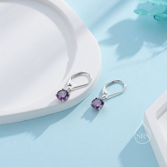 Amethyst Purple CZ Lever Back Hoop in Sterling Silver, 2 Sizes Available, 6mm or 6.5mm, Minimalist Simple Crystal Leverback Hoop Earrings