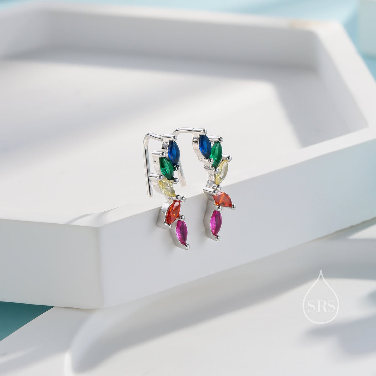 Rainbow Marquise CZ Cluster Crawler Earrings in Sterling Silver, Silver or Gold, Marquise CZ Cluster Crawler, Cluster Earrings
