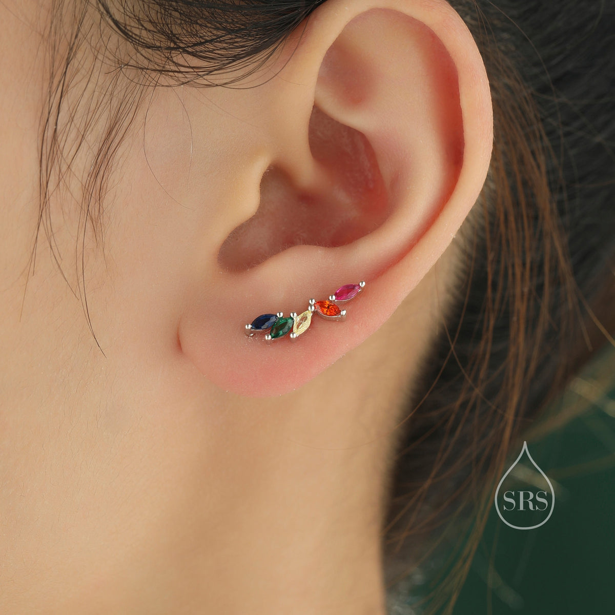 Rainbow Marquise CZ Cluster Crawler Earrings in Sterling Silver, Silver or Gold, Marquise CZ Cluster Crawler, Cluster Earrings