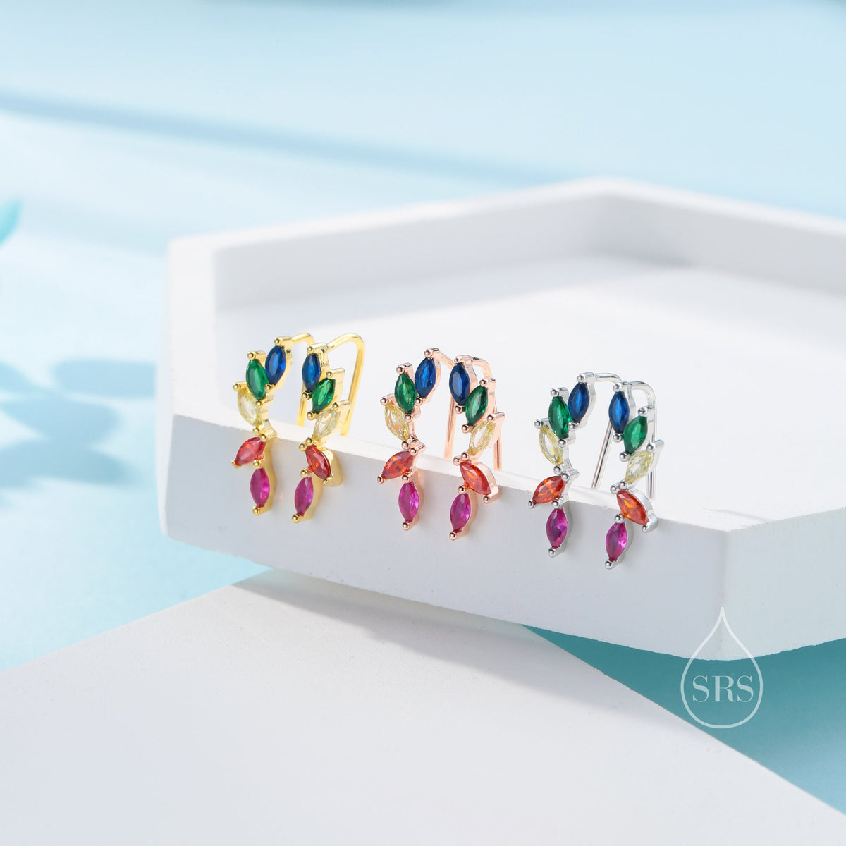 Rainbow Marquise CZ Cluster Crawler Earrings in Sterling Silver, Silver or Gold, Marquise CZ Cluster Crawler, Cluster Earrings
