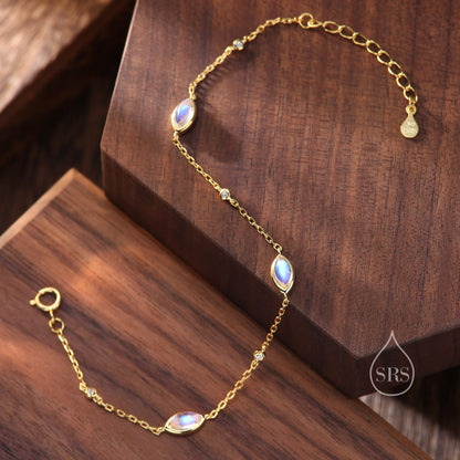 Moonstone Marquise Satellite Bracelet in Sterling Silver, Silver or Gold, Simulated Moonstone Bracelet, Marquise Moonstone Motif Bracelet
