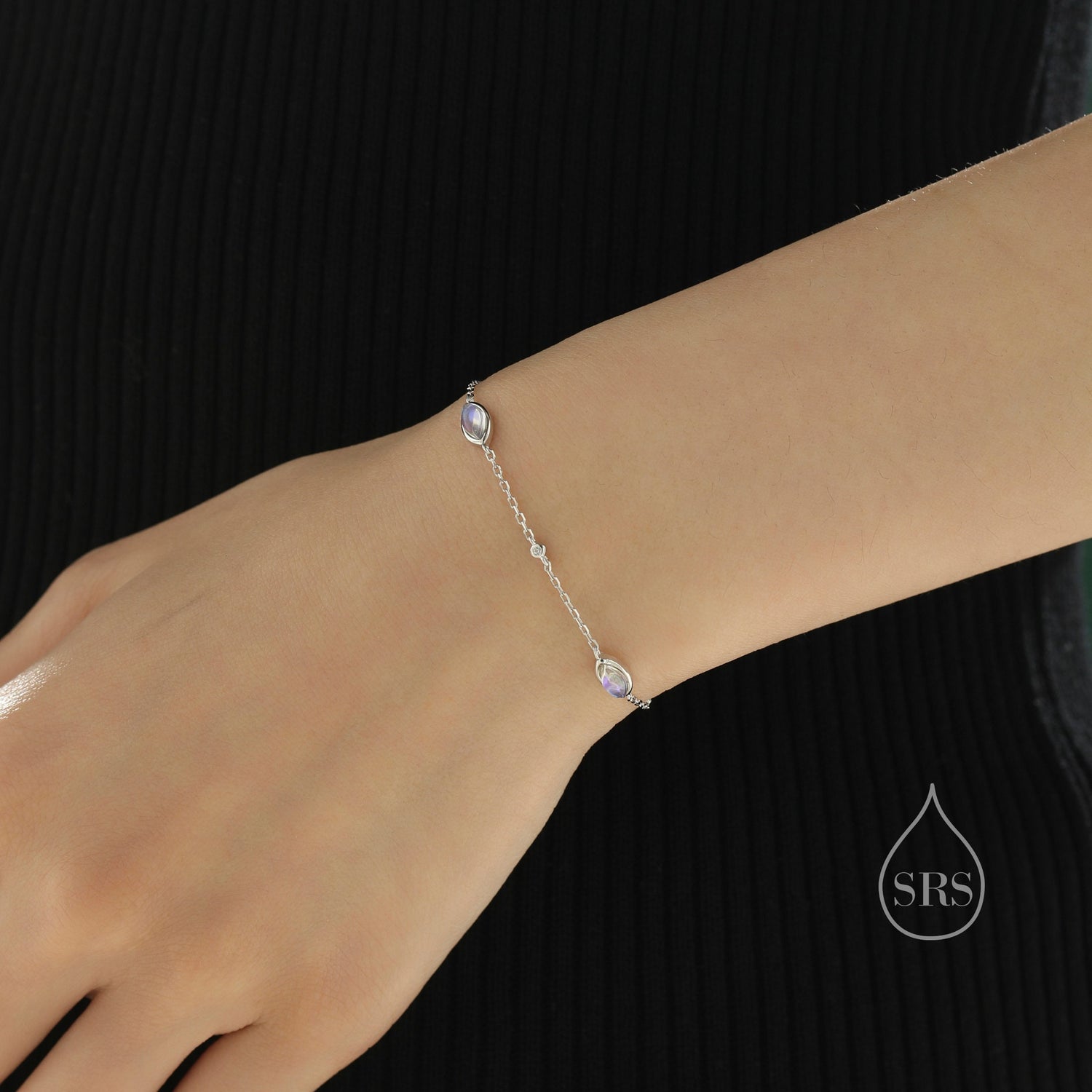 Moonstone Marquise Satellite Bracelet in Sterling Silver, Silver or Gold, Simulated Moonstone Bracelet, Marquise Moonstone Motif Bracelet