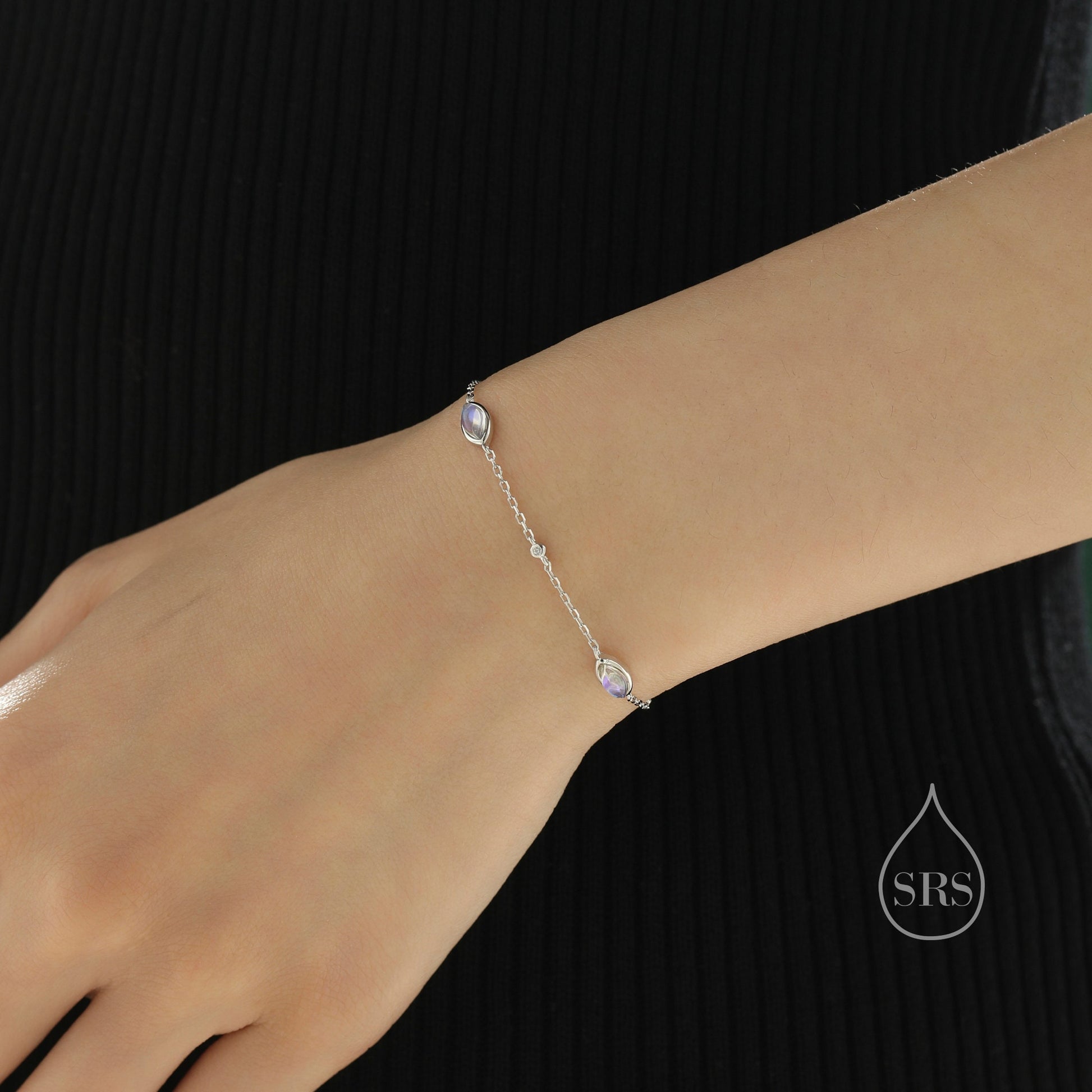 Moonstone Marquise Satellite Bracelet in Sterling Silver, Silver or Gold, Simulated Moonstone Bracelet, Marquise Moonstone Motif Bracelet