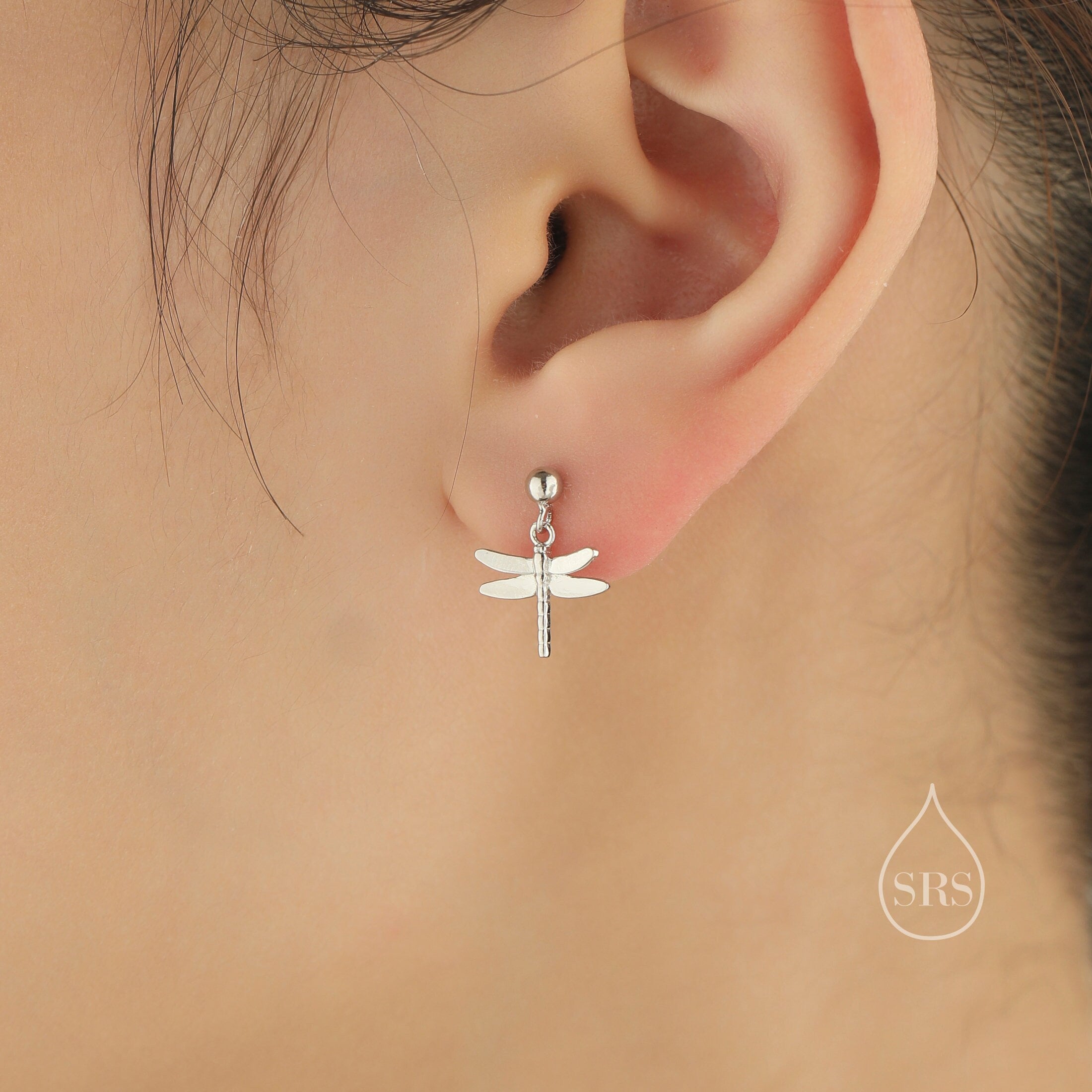 Sterling Silver Dragonfly Drop Stud Earrings Silver or Gold or Rose G Silver Rain Silver