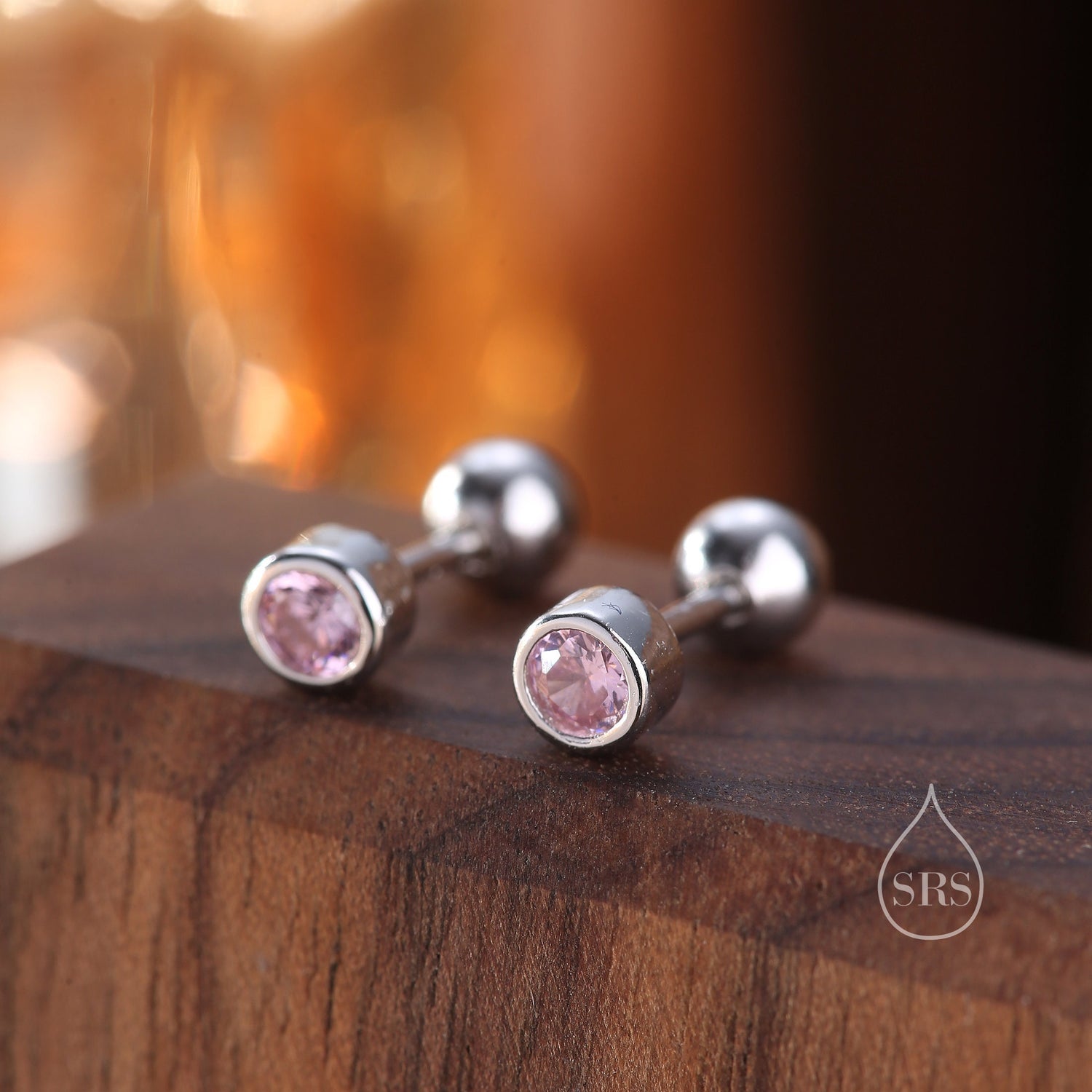 Tiny Pink CZ Barbell Earrings in Sterling Silver, 3mm or 4mm CZ Screw Back Dot Earrings, Screwback Earrings, October Birthstone