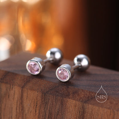 Tiny Pink CZ Barbell Earrings in Sterling Silver,  3mm or 4mm CZ Screw Back  Dot Earrings, Screwback Earrings, October Birthstone