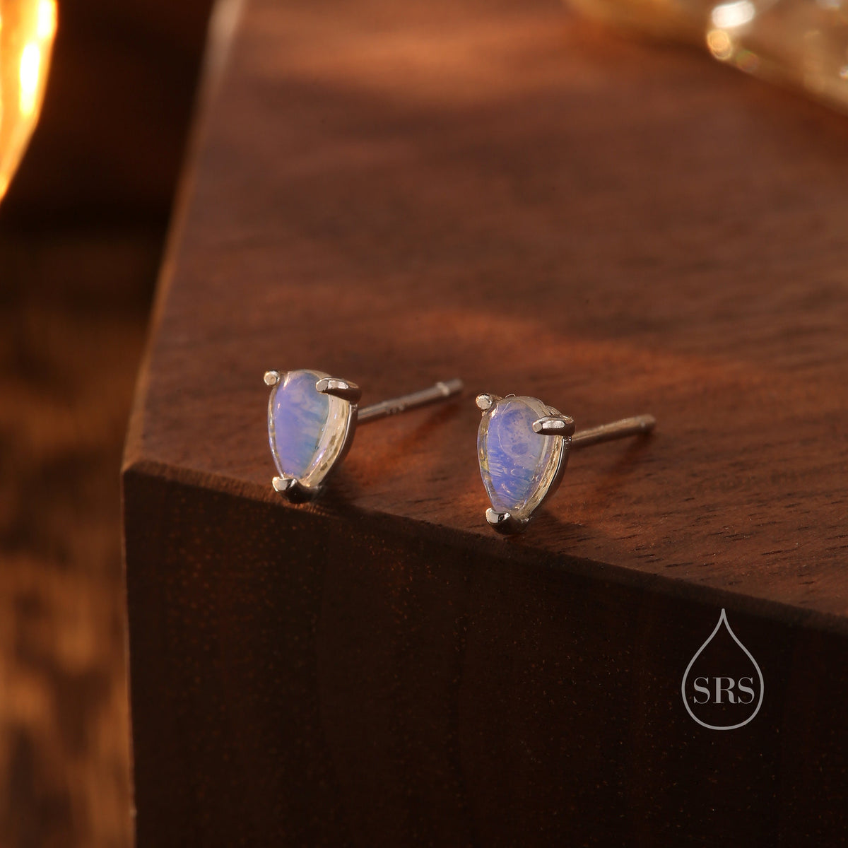 Sterling Silver Droplet Moonstone Stud Earrings, Mermaid Colour Stud Earrings, Simulated Moonstone Glass Prong Set Earrings, Minimalist