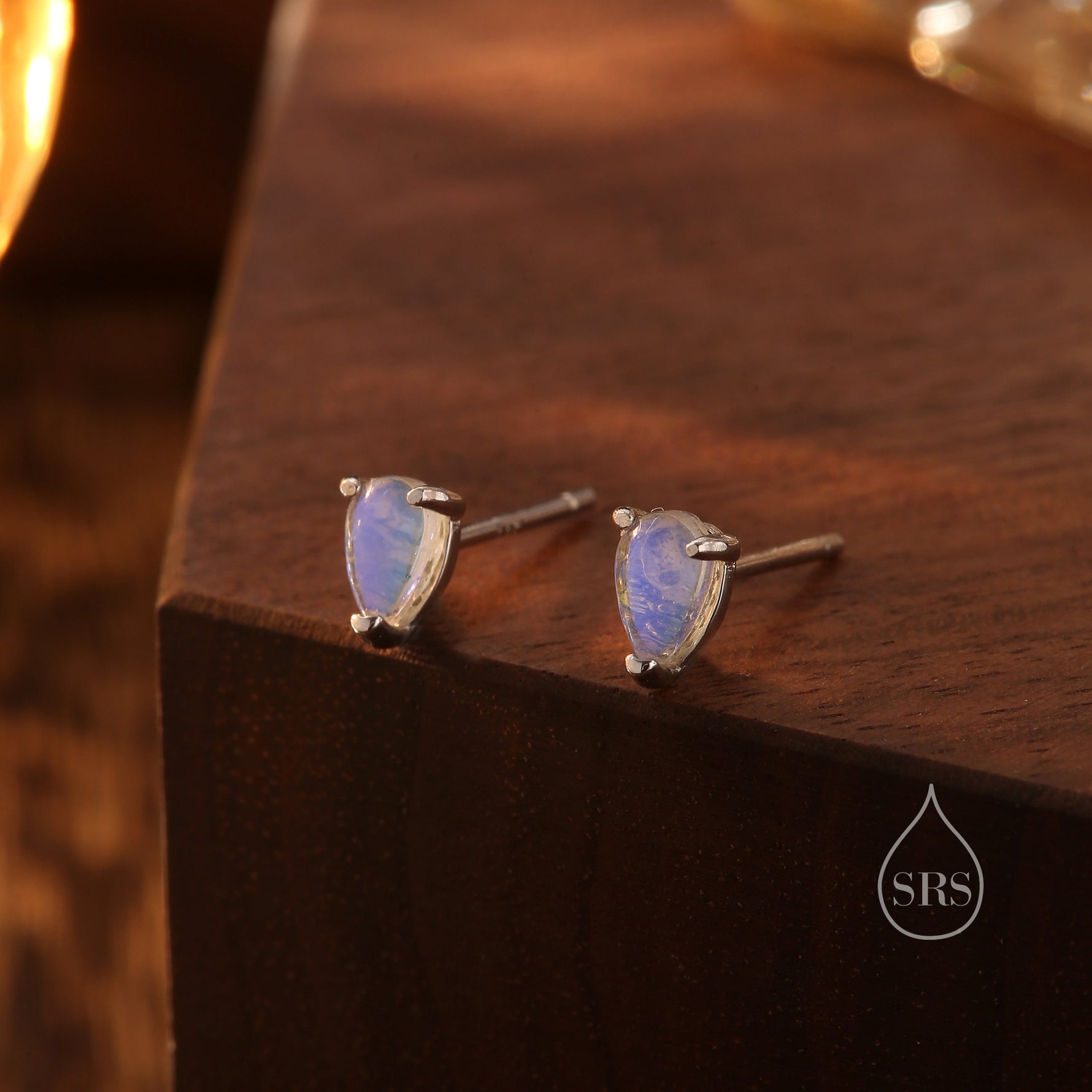 Sterling Silver Droplet Moonstone Stud Earrings, Mermaid Colour Stud Earrings, Simulated Moonstone Glass Prong Set Earrings, Minimalist