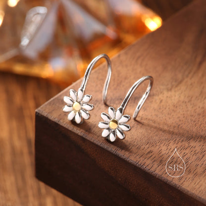 Sterling Silver Daisy Flower Drop Hook Earrings, Two Tone Finish, Daisy Earrings, Minimalist Daisy Earrings