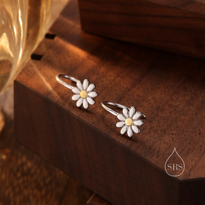 Sterling Silver Daisy Flower Drop Hook Earrings, Two Tone Finish, Daisy Earrings, Minimalist Daisy Earrings