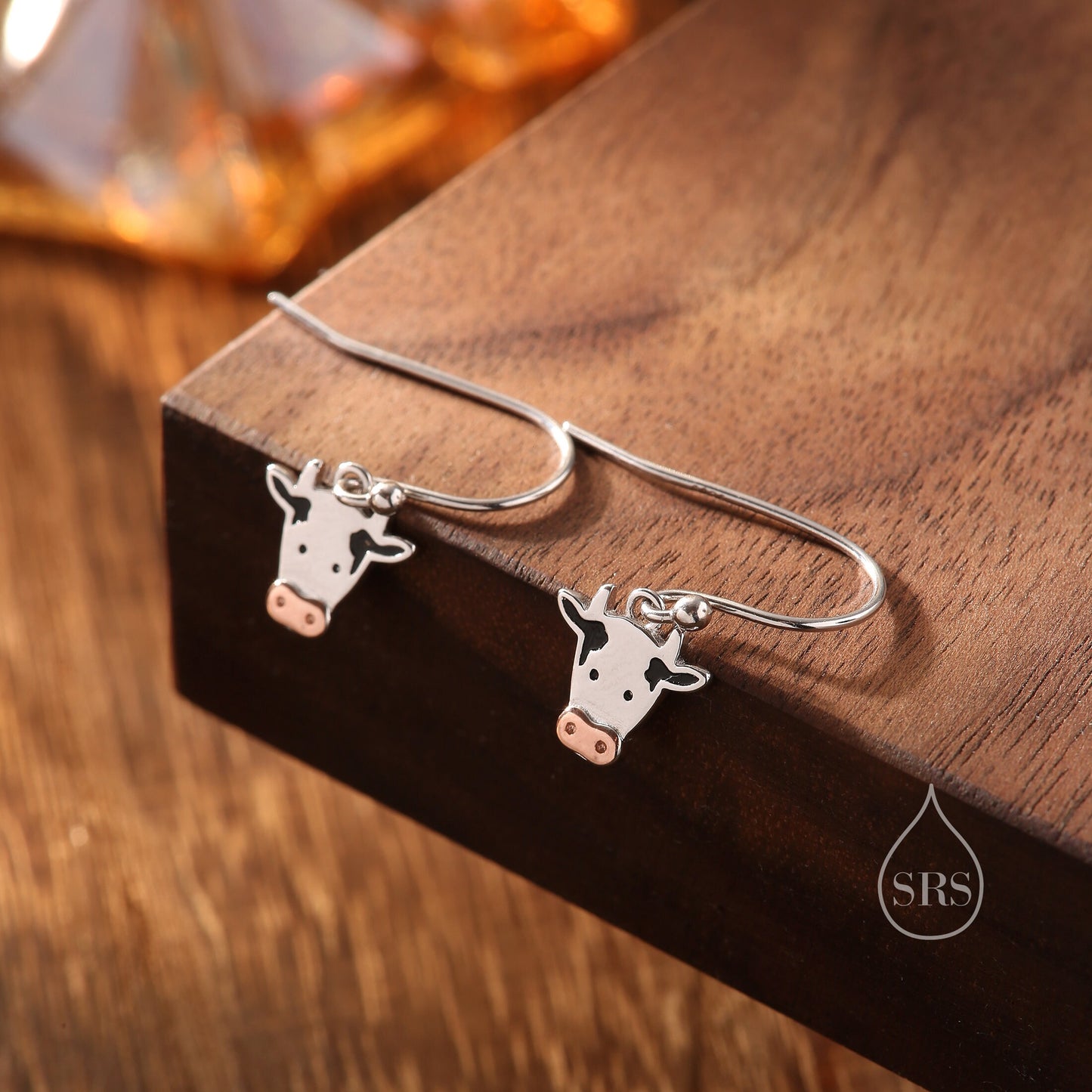 Dairy Cow Drop Dangling Earrings in Sterling Silver, Cow Earrings, Cow Hook Earrings, Scottish Farm Animal Earrings