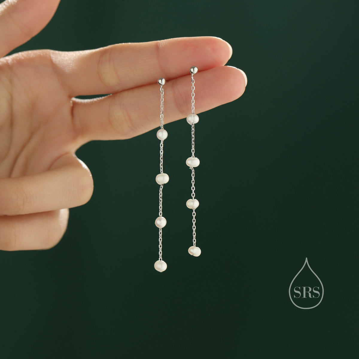 Genuine Freshwater Pearl Drop Satellite Earrings in Sterling Silver, Delicate Keshi Pearl Long Dangle Earrings, Pearl Stud Dangle Earrings