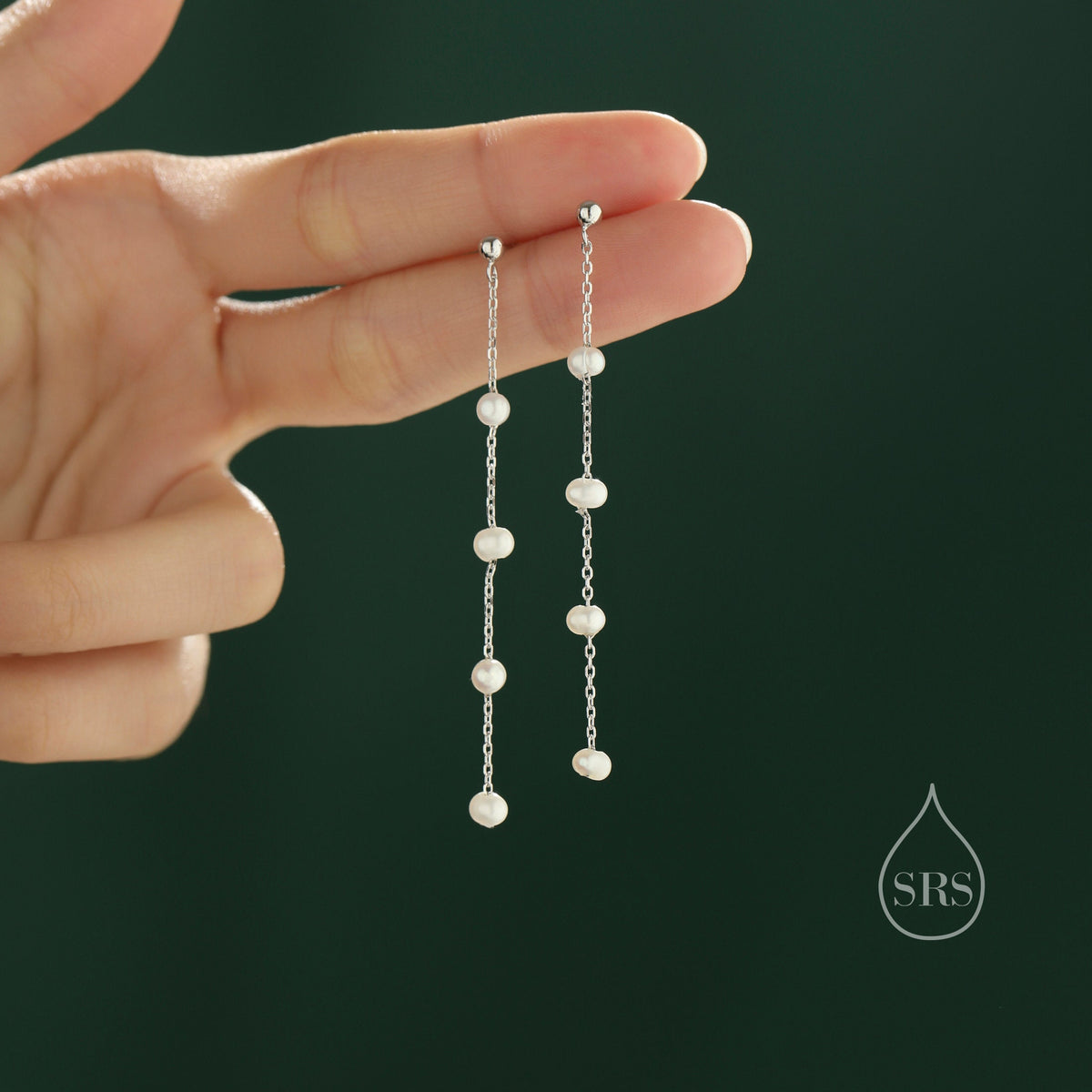 Genuine Freshwater Pearl Drop Satellite Earrings in Sterling Silver, Delicate Keshi Pearl Long Dangle Earrings, Pearl Stud Dangle Earrings