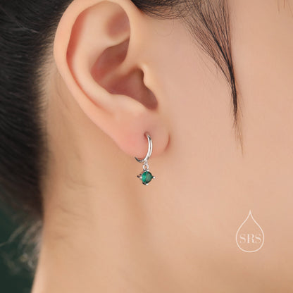 Tiny Emerald Green CZ Huggie Hoop in Sterling Silver, Silver or Gold or Rose Gold, Minimalist Simple Hoop Earrings,  4mm CZ Hoops