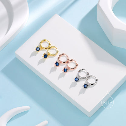 Tiny Sapphire Blue CZ Huggie Hoop in Sterling Silver, Silver or Gold or Rose Gold, Minimalist Simple Hoop Earrings,  4mm CZ Hoops