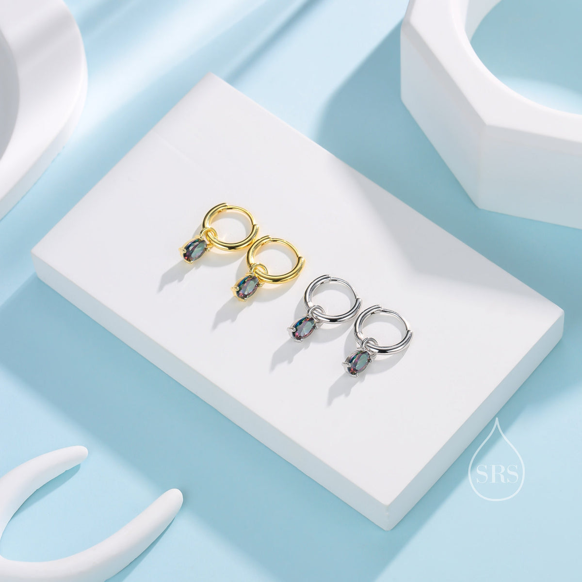 Oval Aurora Black CZ Huggie Hoop in Sterling Silver, Silver or Gold, Mystic Topaz CZ Crystal Hoop Earrings, Detachable and Interchangeable
