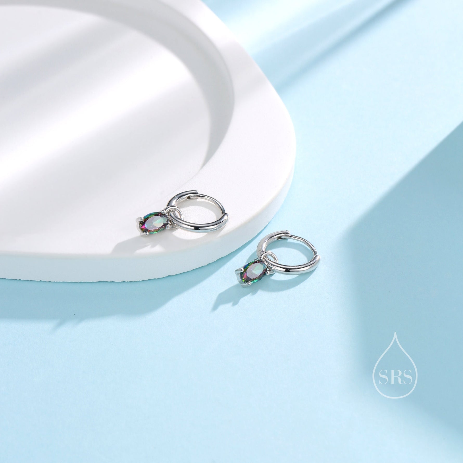 Oval Aurora Black CZ Huggie Hoop in Sterling Silver, Silver or Gold, Mystic Topaz CZ Crystal Hoop Earrings, Detachable and Interchangeable