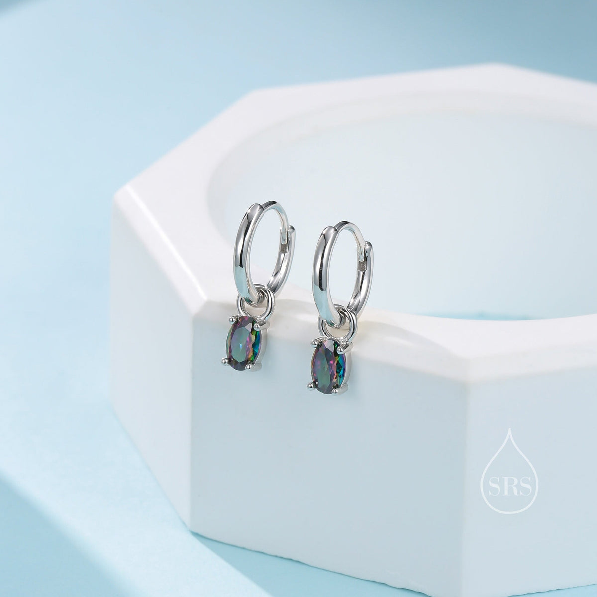 Oval Aurora Black CZ Huggie Hoop in Sterling Silver, Silver or Gold, Mystic Topaz CZ Crystal Hoop Earrings, Detachable and Interchangeable
