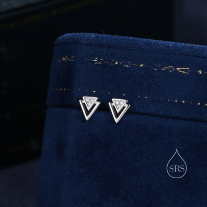 Tiny Double Triangle Stud Earrings in Sterling Silver,  Silver or Gold or Rose Gold, Cut Out Triangle Jacket Earrings, Triangle CZ Earrings