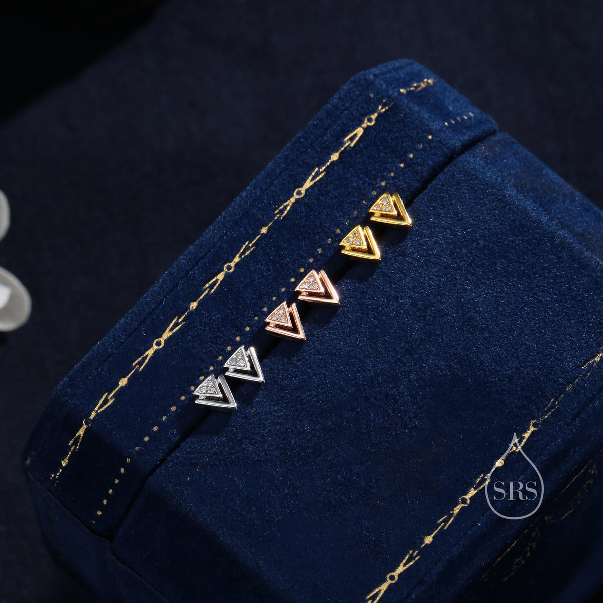 Tiny Double Triangle Stud Earrings in Sterling Silver, Silver or Gold or Rose Gold, Cut Out Triangle Jacket Earrings, Triangle CZ Earrings