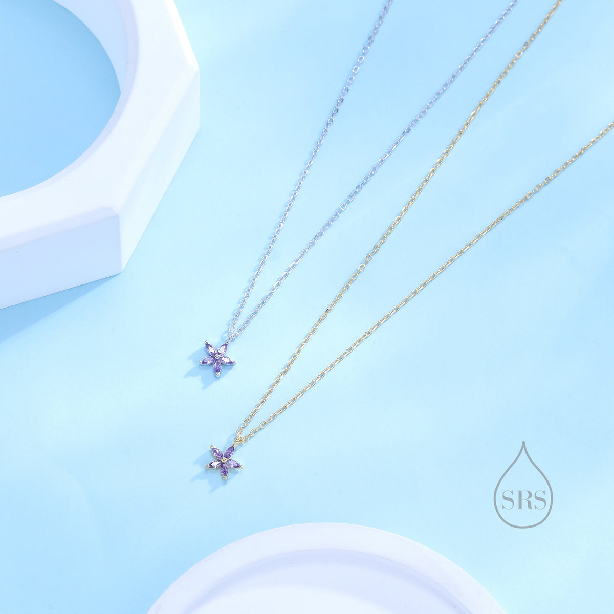 Tiny Amethyst Purple CZ Flower Necklace in Sterling Silver, Silver or Gold, CZ Flower Necklace, CZ Cluster Floral Necklace