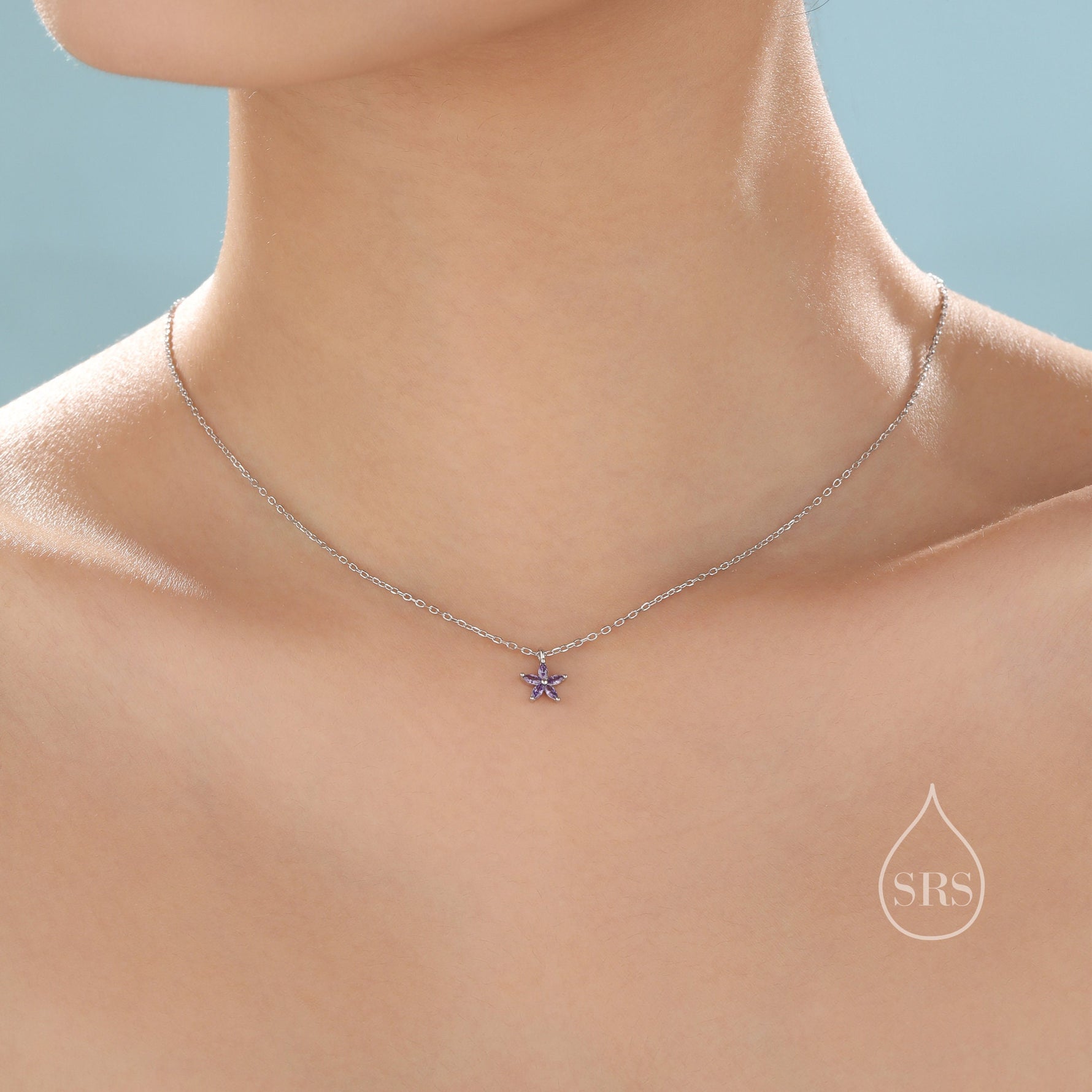 Tiny Amethyst Purple CZ Flower Necklace in Sterling Silver, Silver or Gold, CZ Flower Necklace, CZ Cluster Floral Necklace