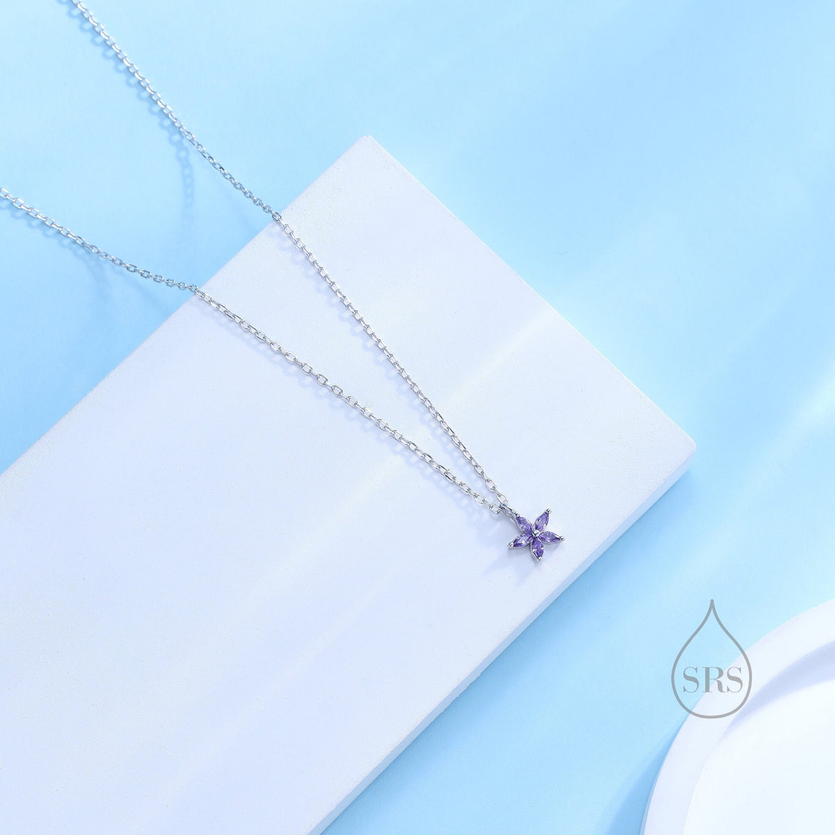 Tiny Amethyst Purple CZ Flower Necklace in Sterling Silver, Silver or Gold, CZ Flower Necklace, CZ Cluster Floral Necklace