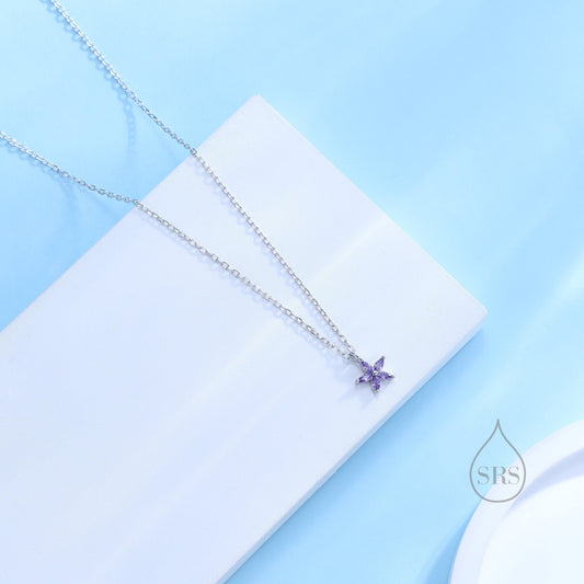 Tiny Amethyst Purple CZ Flower Necklace in Sterling Silver, Silver or Gold, CZ Flower Necklace, CZ Cluster Floral Necklace